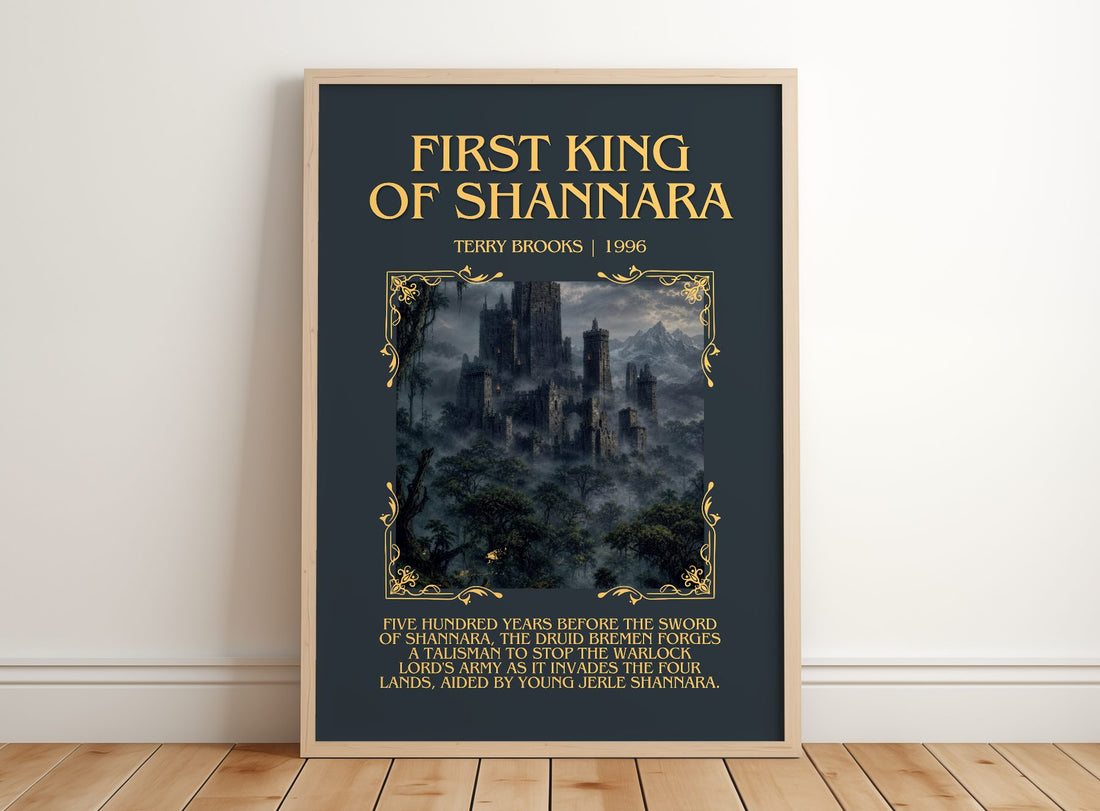 First King of Shannara Minimalist Book Poster by Terry Brooks – framed print leaning on a wooden floor