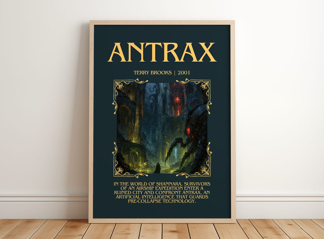 Antrax Minimalist Book Poster by Terry Brooks – framed print leaning on a wooden floor