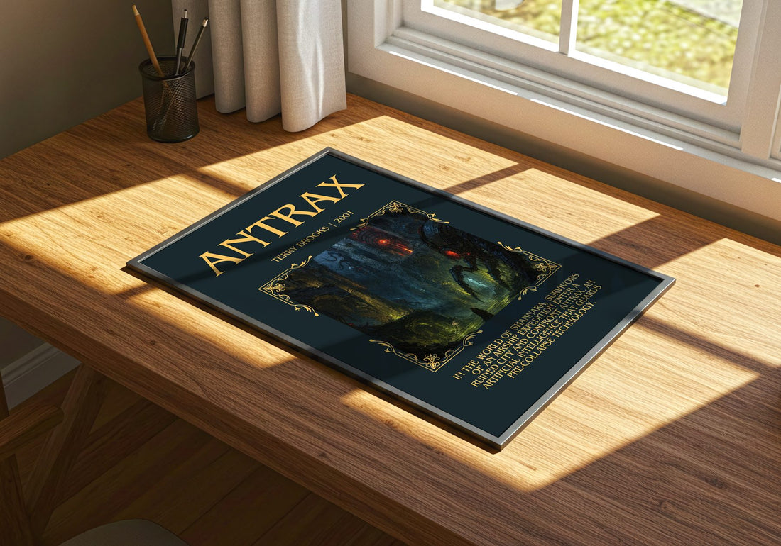 Antrax Minimalist Book Poster by Terry Brooks – print on a sunlit desk