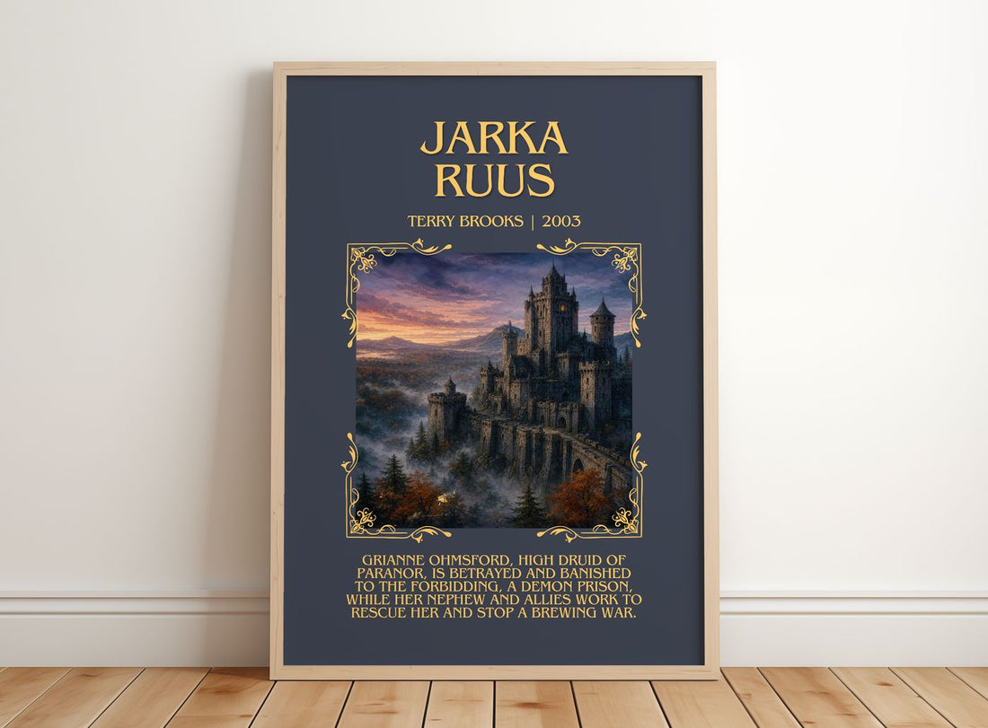 Jarka Ruus Minimalist Book Poster by Terry Brooks – framed print leaning on a wooden floor