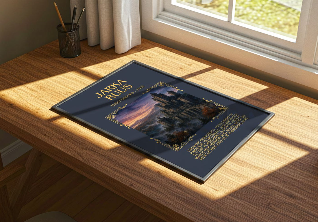 Jarka Ruus Minimalist Book Poster by Terry Brooks – print on a sunlit desk