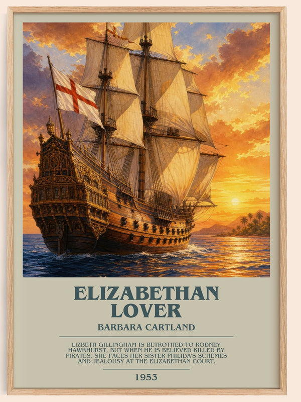Elizabethan Lover bookish book poster by Barbara Cartland – framed literary art print