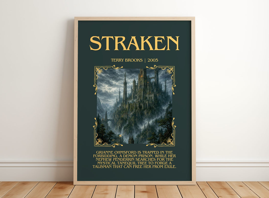 Straken Minimalist Book Poster by Terry Brooks – framed print leaning on a wooden floor