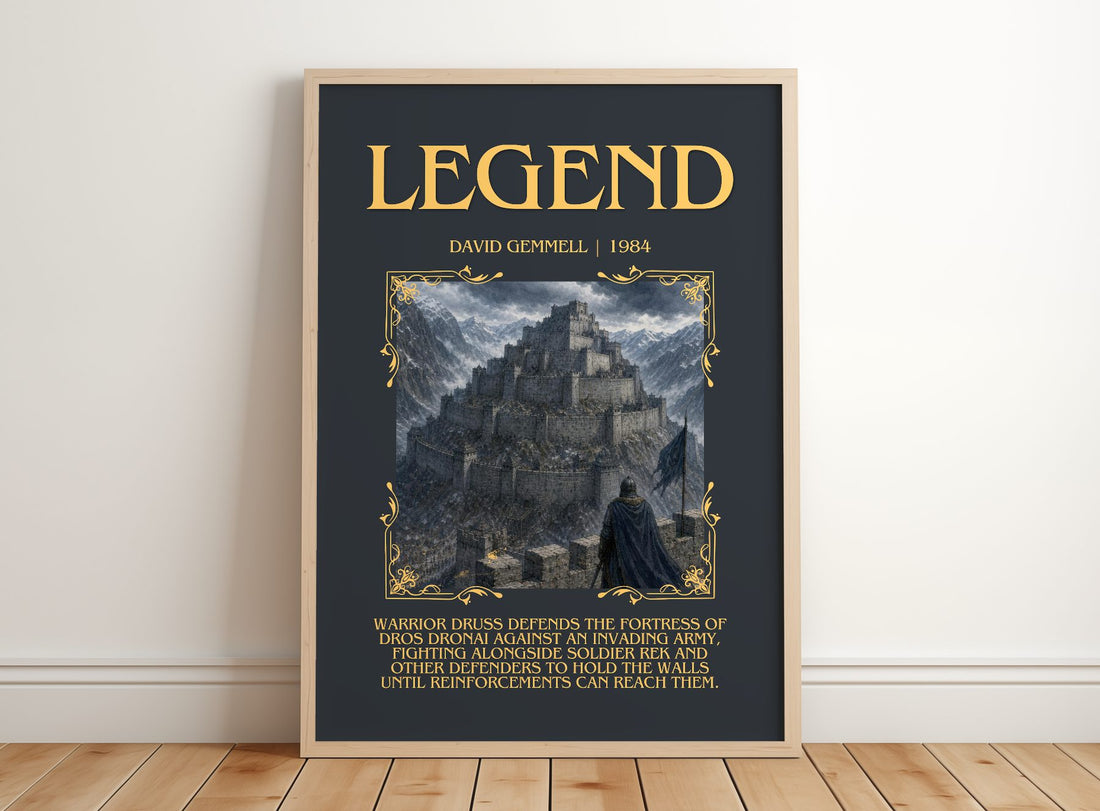 Legend Minimalist Book Poster by David Gemmell – framed print leaning on a wooden floor