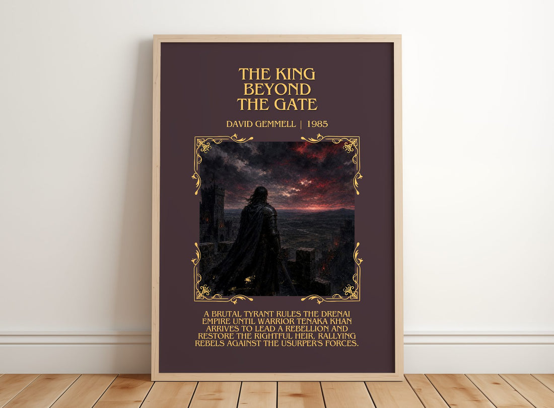 The King Beyond the Gate Minimalist Book Poster by David Gemmell – framed print leaning on a wooden floor
