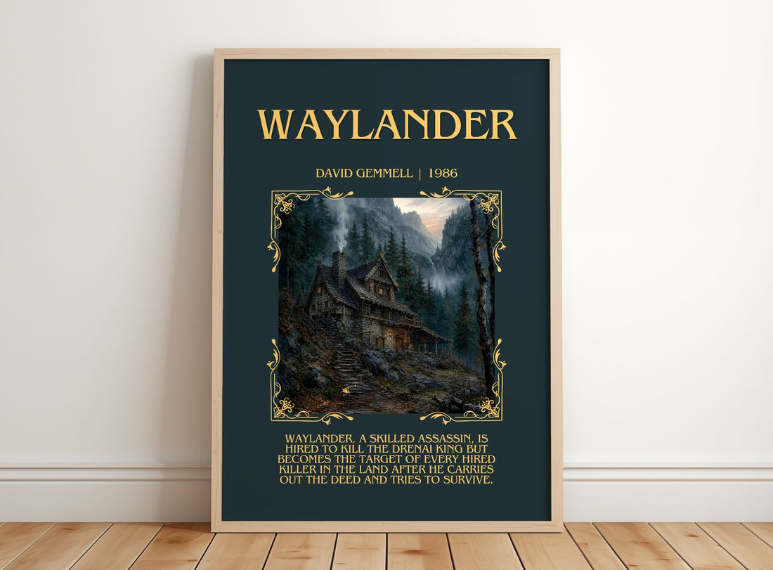 Waylander Minimalist Book Poster by David Gemmell – framed print leaning on a wooden floor