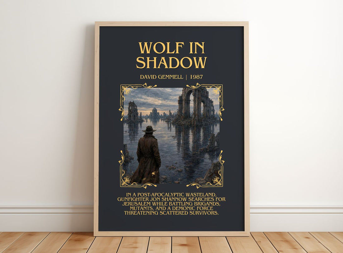 Wolf in Shadow Minimalist Book Poster by David Gemmell – framed print leaning on a wooden floor