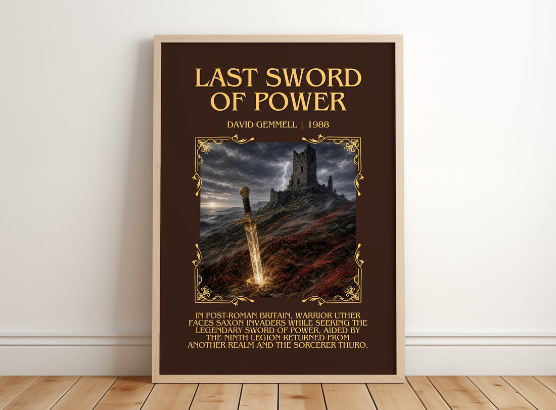 Last Sword of Power Minimalist Book Poster by David Gemmell – framed print leaning on a wooden floor