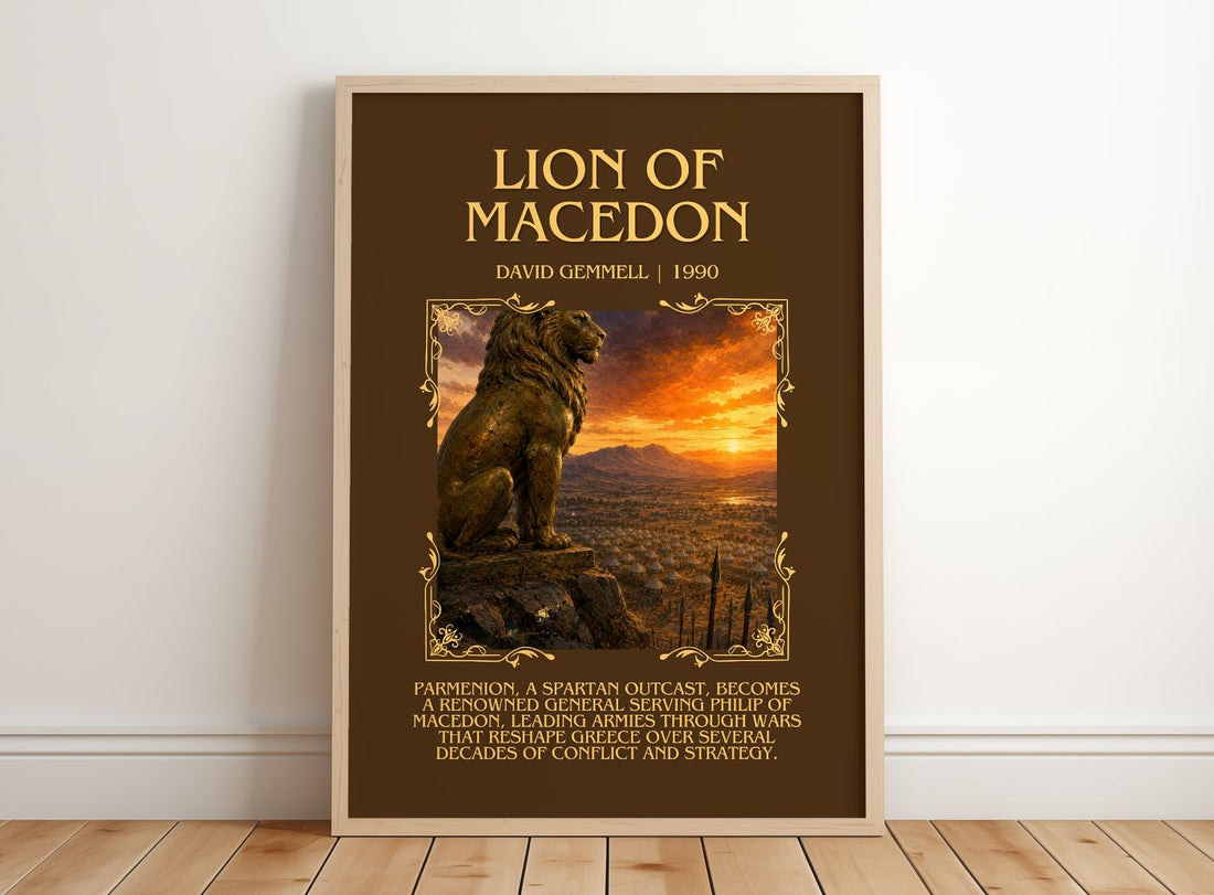 Lion of Macedon Minimalist Book Poster by David Gemmell – framed print leaning on a wooden floor