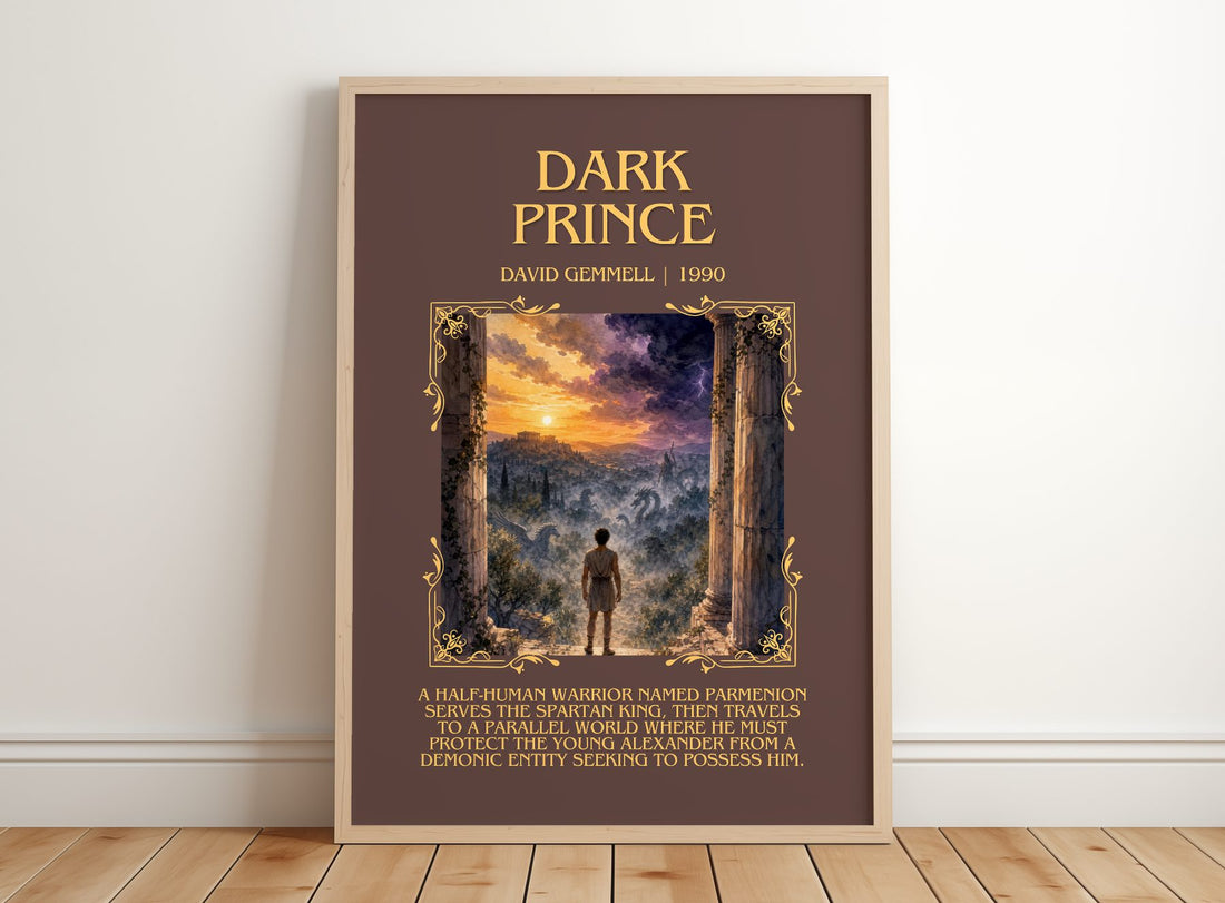 Dark Prince Minimalist Book Poster by David Gemmell – framed print leaning on a wooden floor