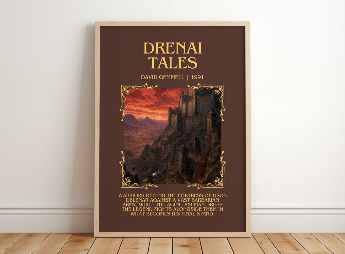 Drenai Tales Minimalist Book Poster by David Gemmell – framed print leaning on a wooden floor