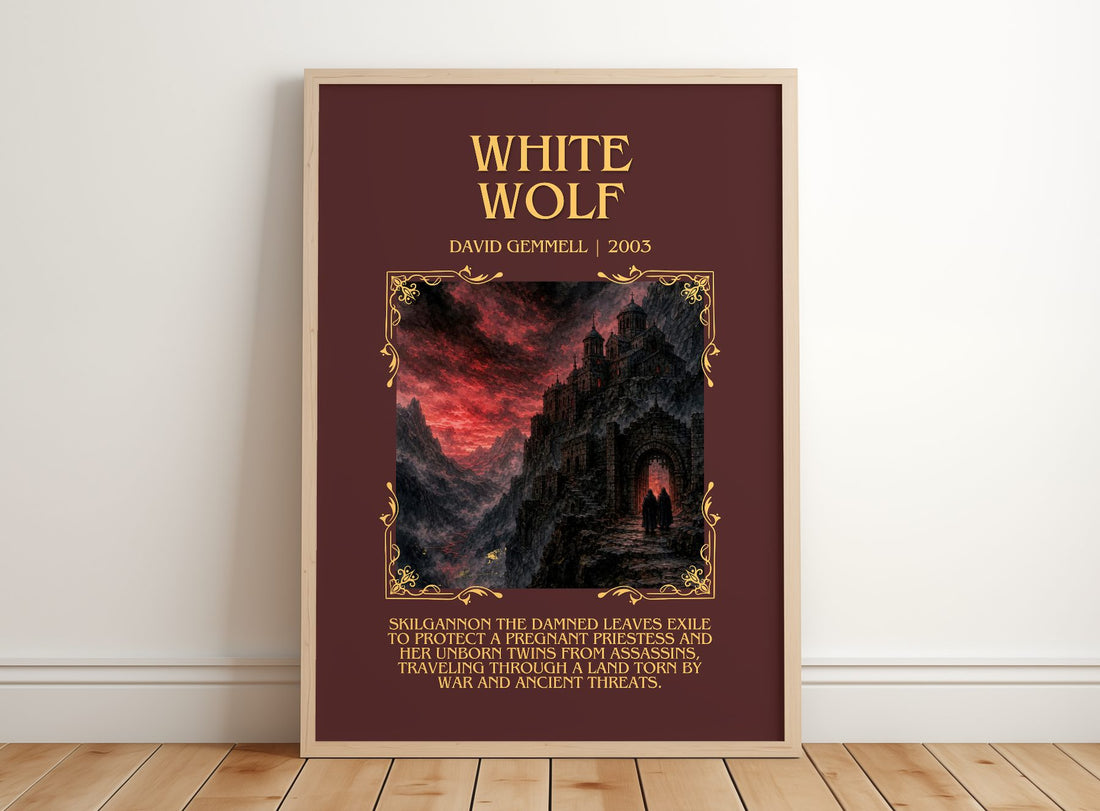 White Wolf Minimalist Book Poster by David Gemmell – framed print leaning on a wooden floor