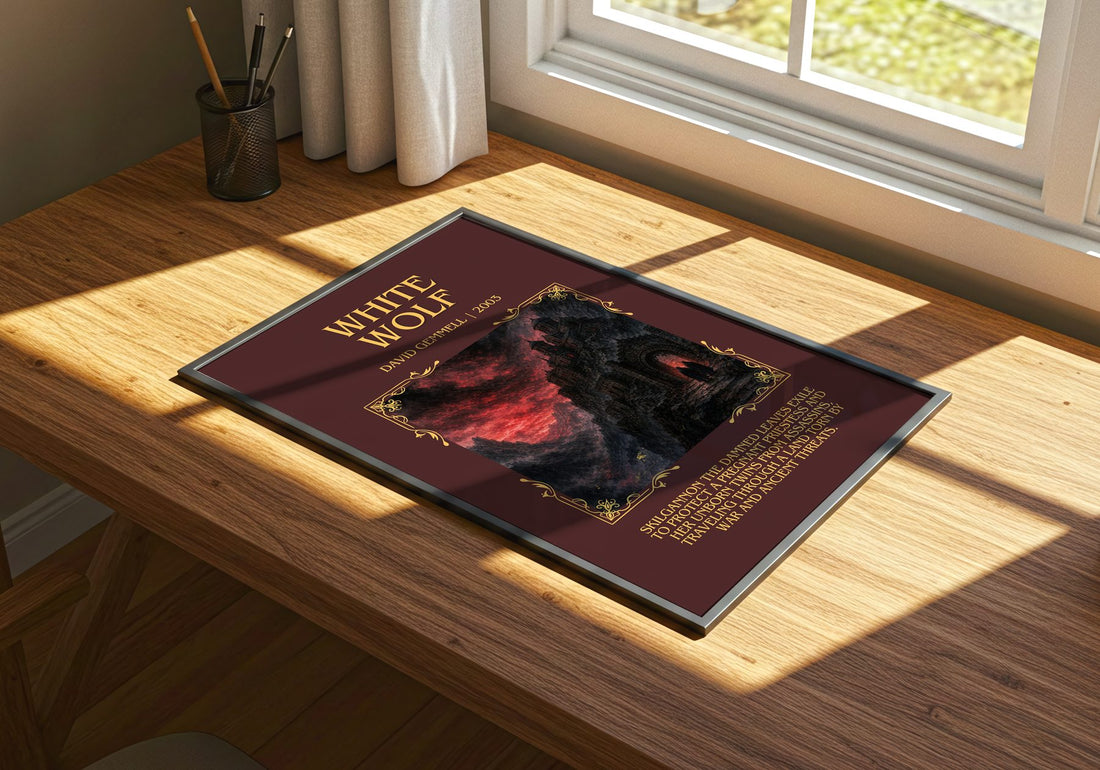 White Wolf Minimalist Book Poster by David Gemmell – print on a sunlit desk