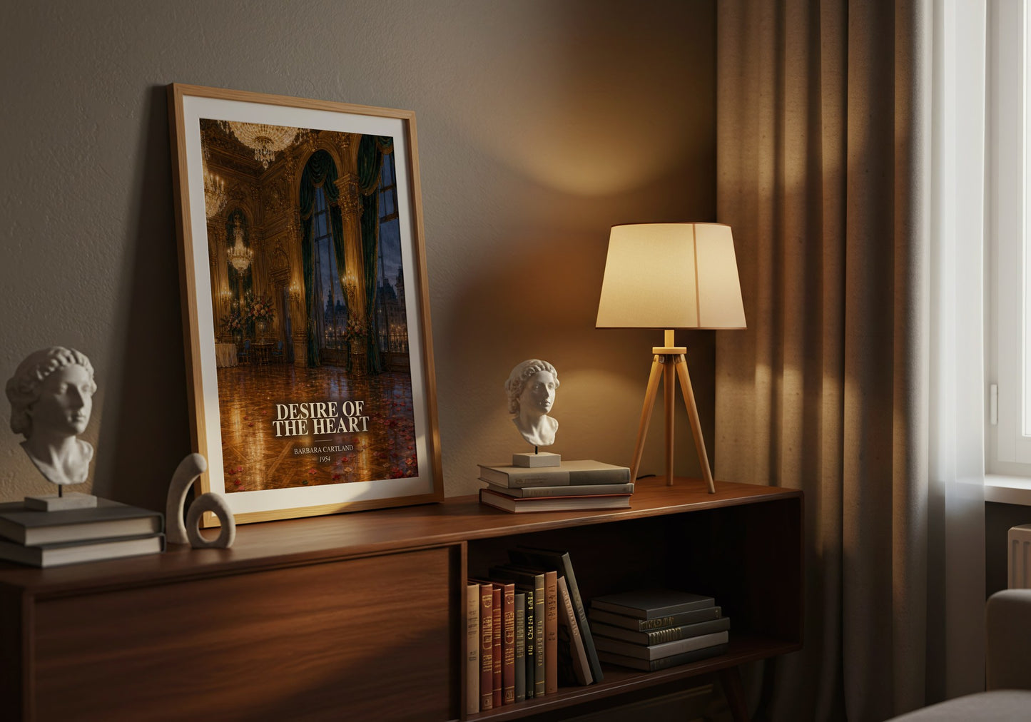 Desire Of The Heart watercolour print on bookshelf – Barbara Cartland fan gift