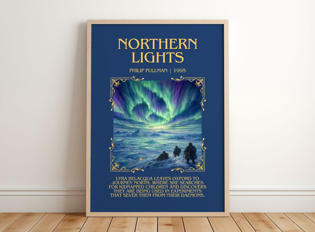 Northern Lights Minimalist Book Poster by Philip Pullman – framed print leaning on a wooden floor