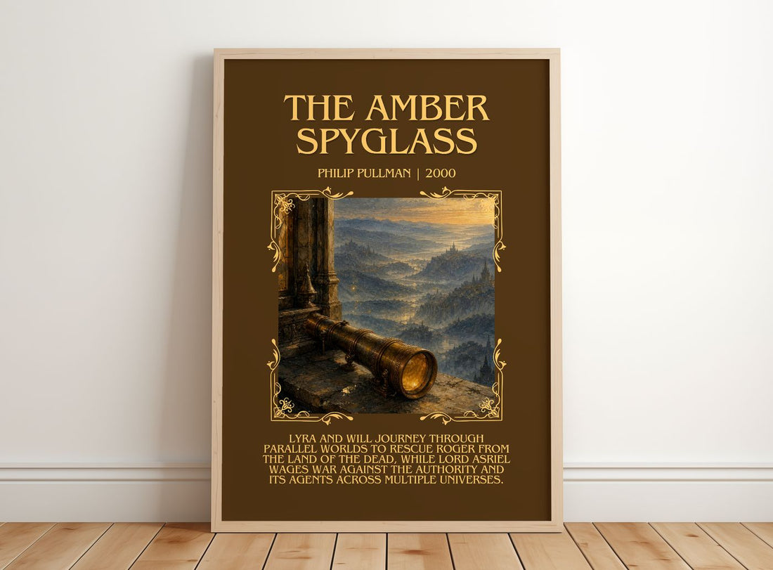 The Amber Spyglass Minimalist Book Poster by Philip Pullman – framed print leaning on a wooden floor