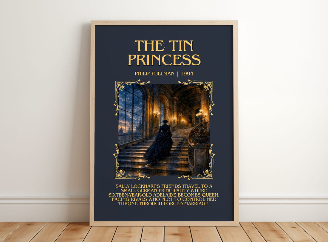 The Tin Princess Minimalist Book Poster by Philip Pullman – framed print leaning on a wooden floor