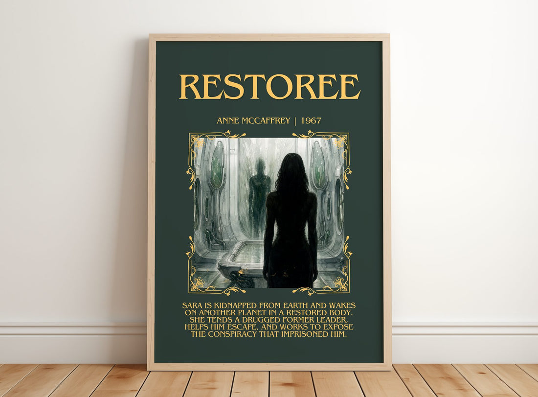 Restoree Minimalist Book Poster by Anne McCaffrey – framed print leaning on a wooden floor