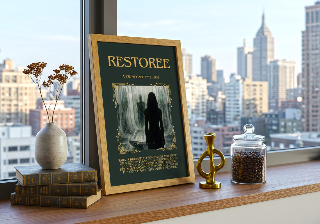 Restoree Minimalist Book Poster by Anne McCaffrey – framed print on a city-view windowsill