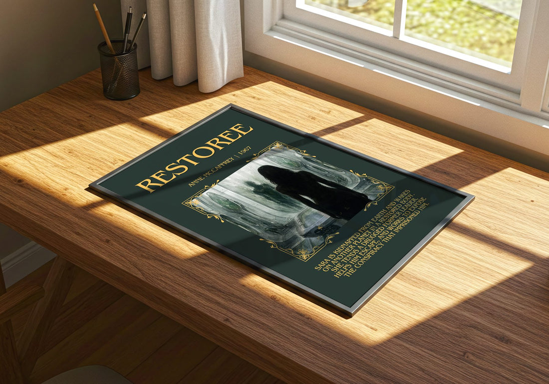 Restoree Minimalist Book Poster by Anne McCaffrey – print on a sunlit desk