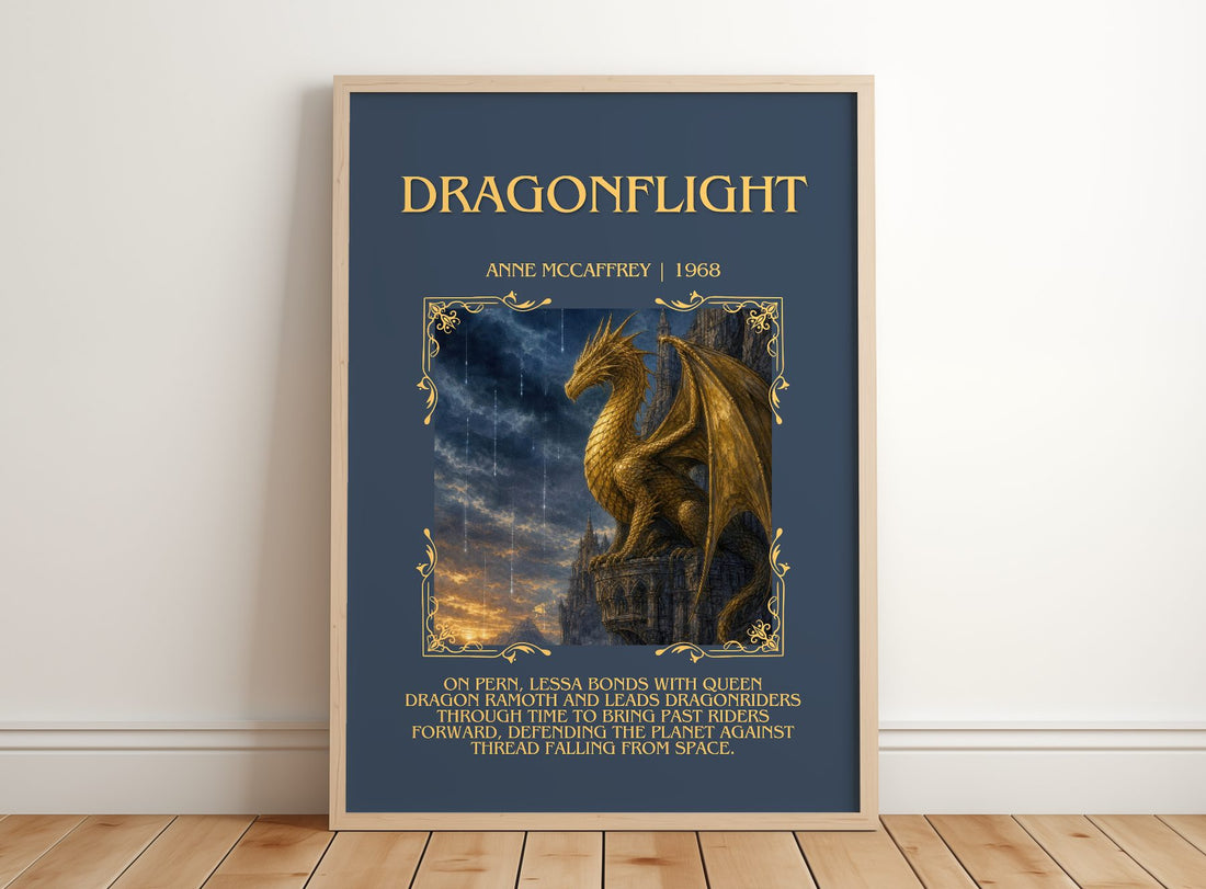 Dragonflight Minimalist Book Poster by Anne McCaffrey – framed print leaning on a wooden floor