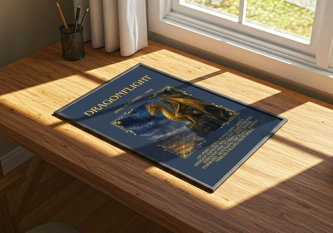 Dragonflight Minimalist Book Poster by Anne McCaffrey – print on a sunlit desk
