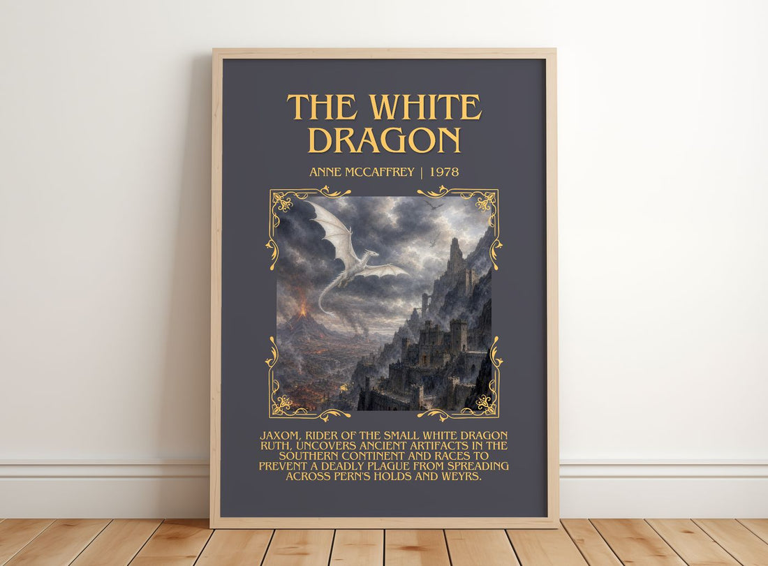 The White Dragon Minimalist Book Poster by Anne McCaffrey – framed print leaning on a wooden floor