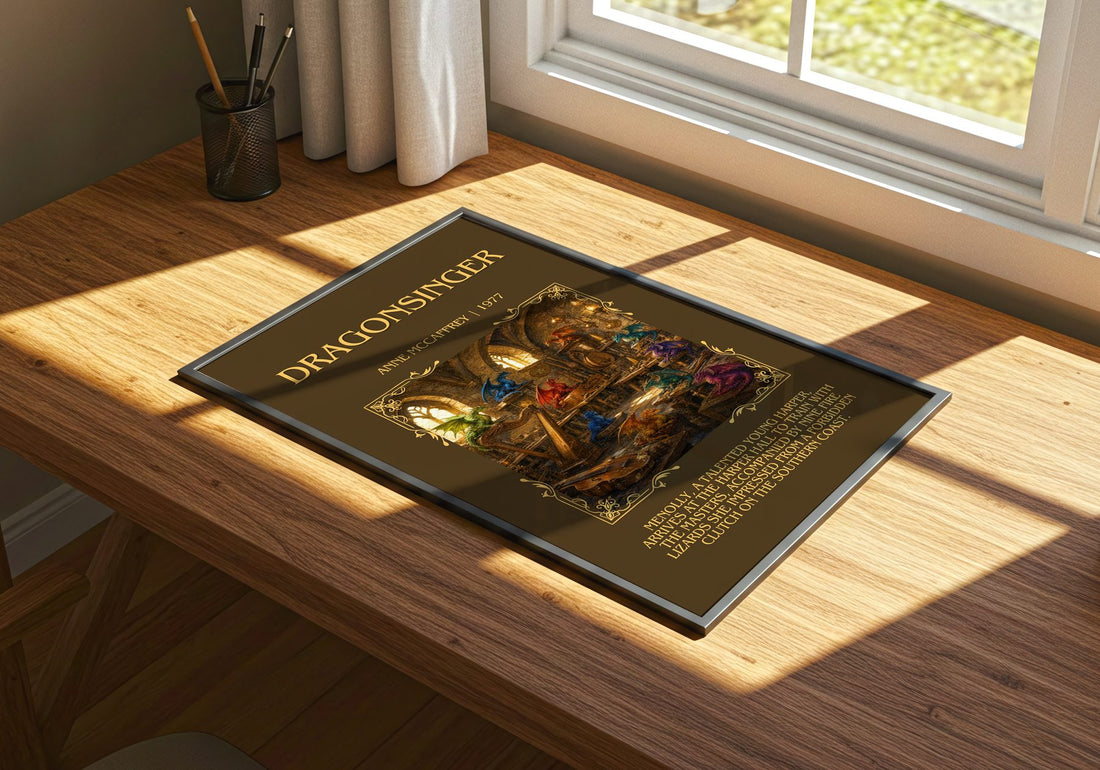 Dragonsinger Minimalist Book Poster by Anne McCaffrey – print on a sunlit desk