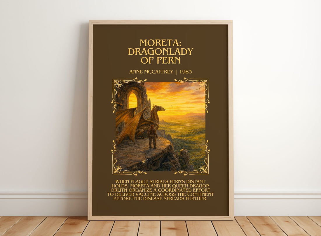 Moreta: Dragonlady of Pern Minimalist Book Poster by Anne McCaffrey – framed print leaning on a wooden floor