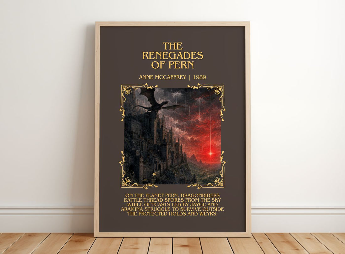 The Renegades of Pern Minimalist Book Poster by Anne McCaffrey – framed print leaning on a wooden floor