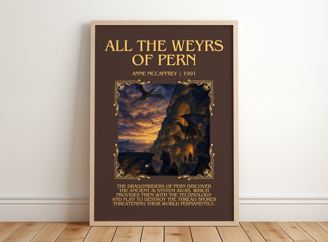All the Weyrs of Pern Minimalist Book Poster by Anne McCaffrey – framed print leaning on a wooden floor
