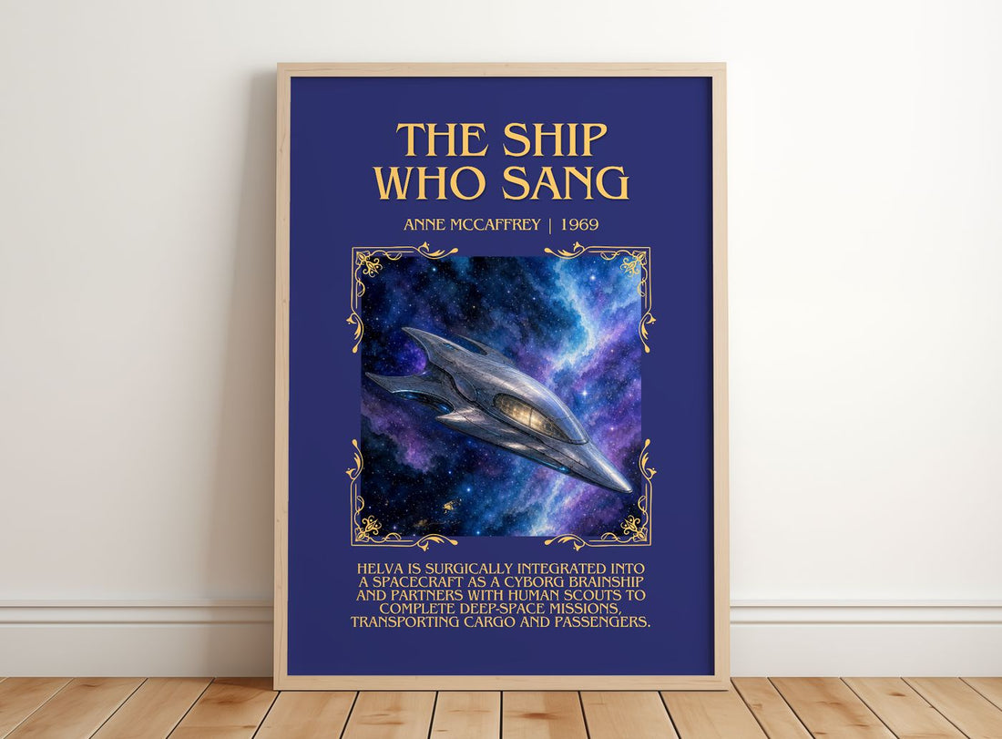 The Ship Who Sang Minimalist Book Poster by Anne McCaffrey – framed print leaning on a wooden floor