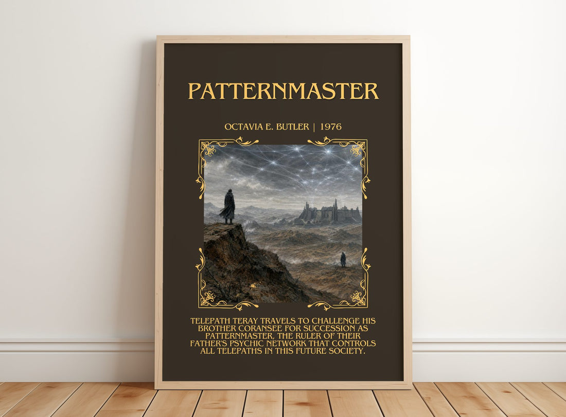 Patternmaster Minimalist Book Poster by Octavia E. Butler – framed print leaning on a wooden floor