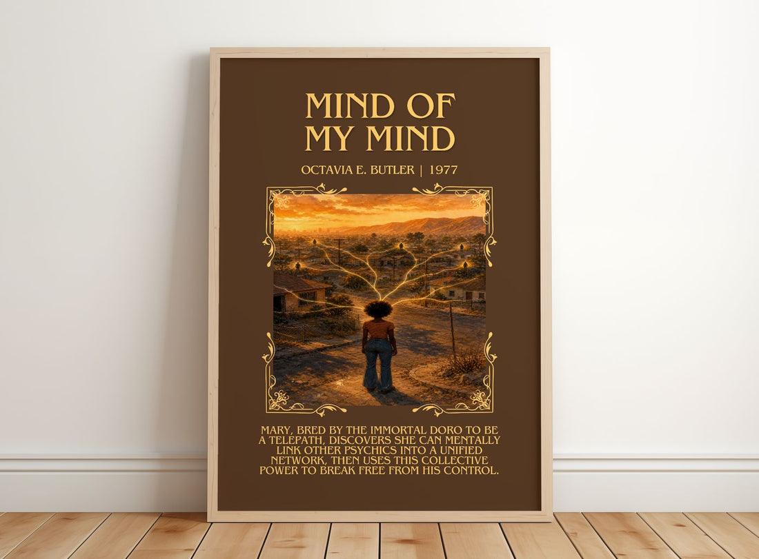 Mind of My Mind Minimalist Book Poster by Octavia E. Butler – framed print leaning on a wooden floor