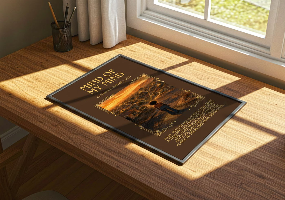 Mind of My Mind Minimalist Book Poster by Octavia E. Butler – print on a sunlit desk