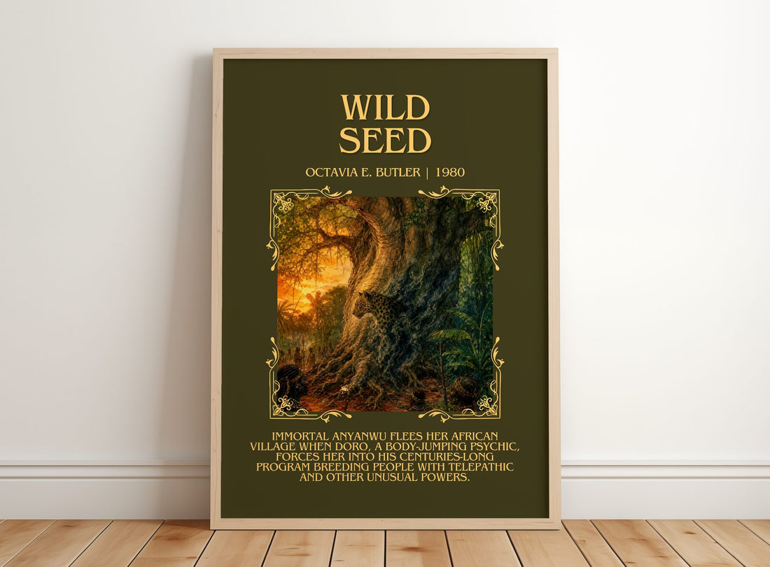 Wild Seed Minimalist Book Poster by Octavia E. Butler – framed print leaning on a wooden floor