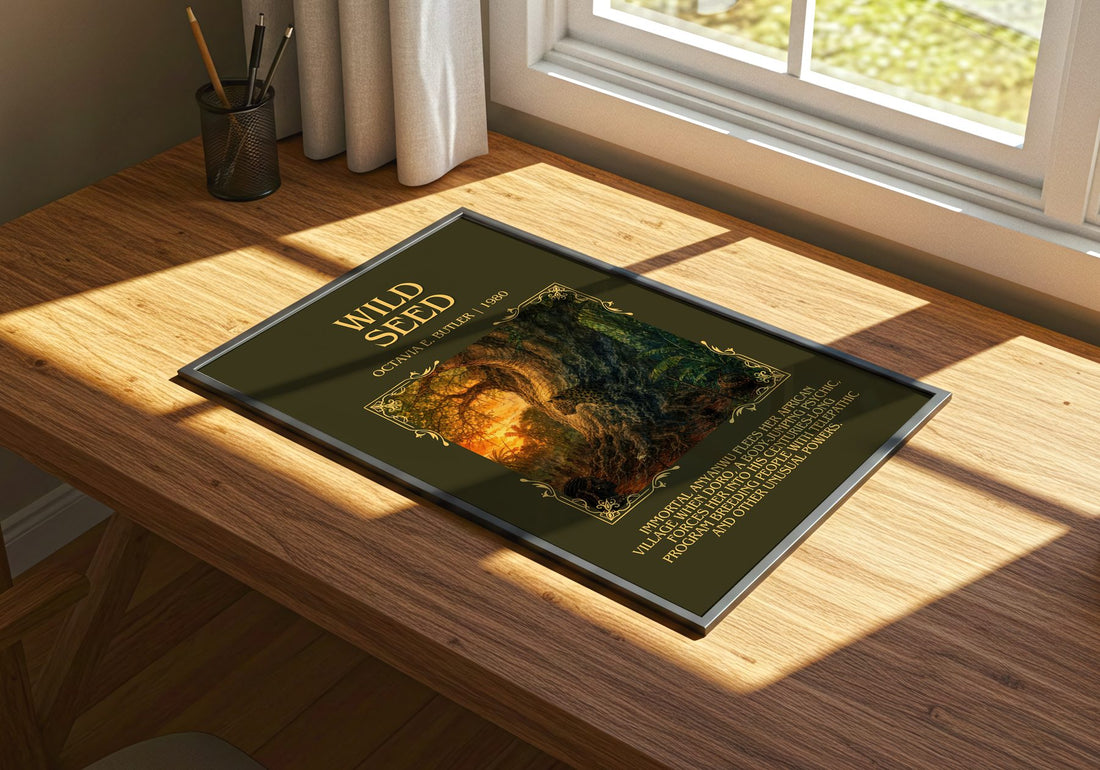 Wild Seed Minimalist Book Poster by Octavia E. Butler – print on a sunlit desk