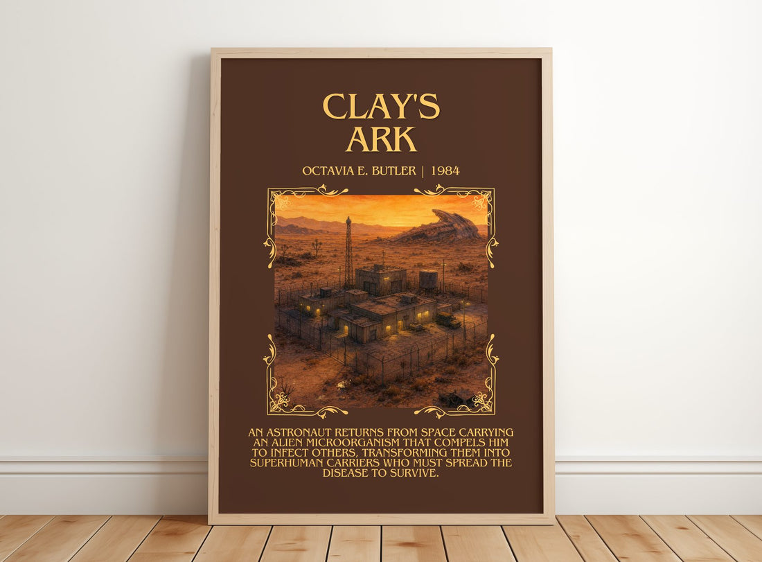 Clay's Ark Minimalist Book Poster by Octavia E. Butler – framed print leaning on a wooden floor