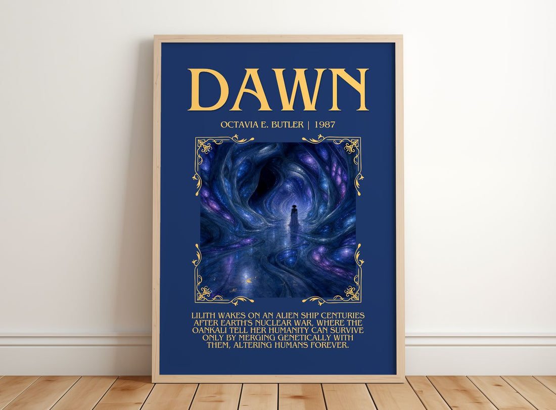 Dawn Minimalist Book Poster by Octavia E. Butler – framed print leaning on a wooden floor