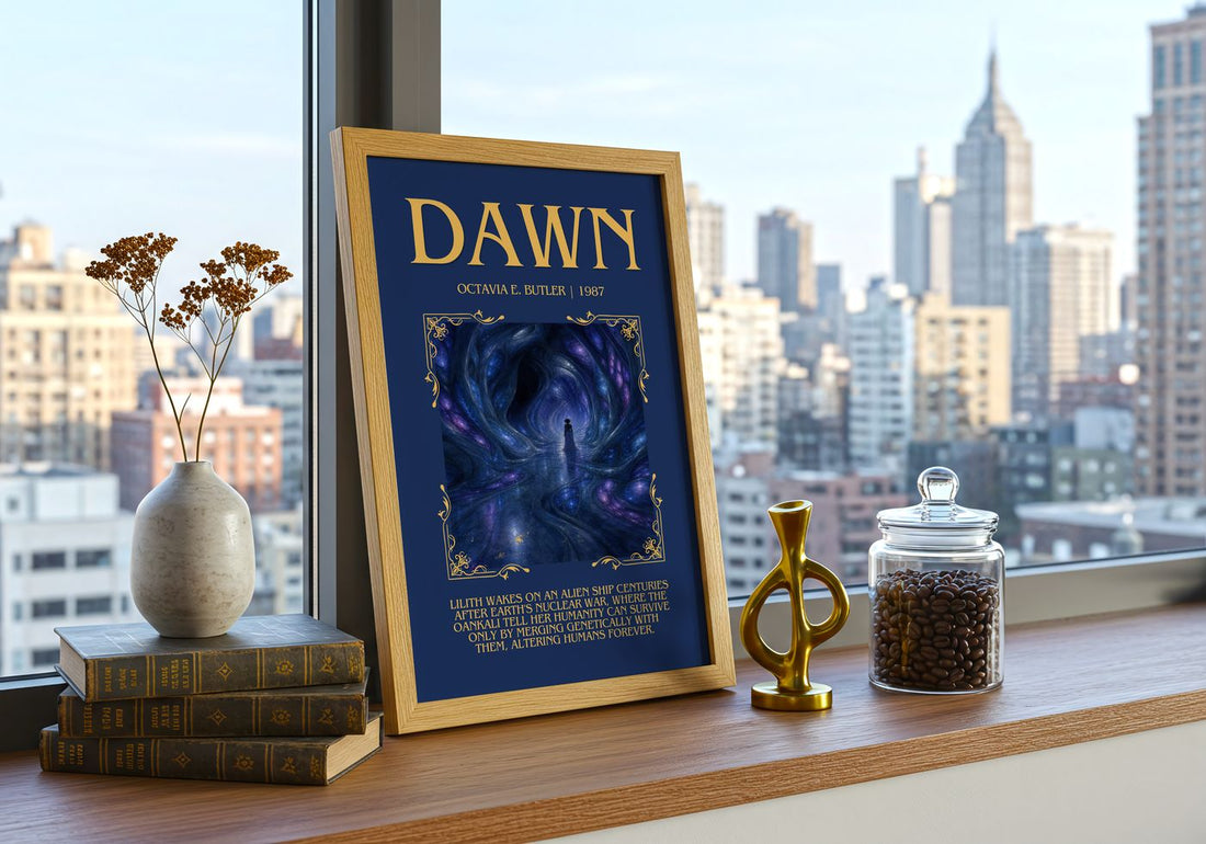 Dawn Minimalist Book Poster by Octavia E. Butler – framed print on a city-view windowsill