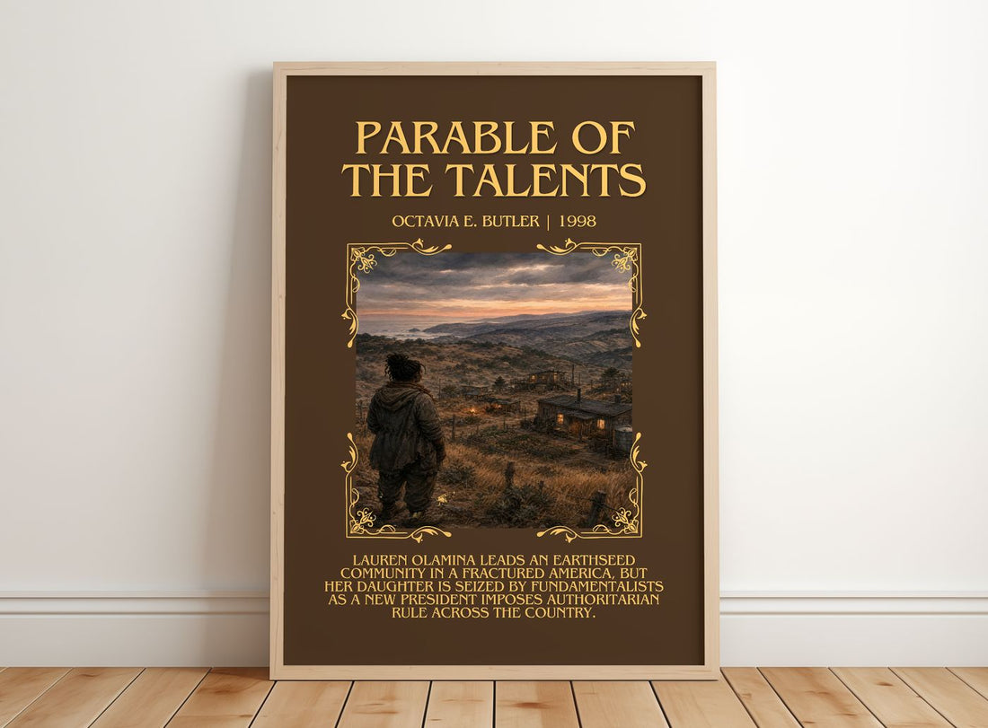 Parable of the Talents Minimalist Book Poster by Octavia E. Butler – framed print leaning on a wooden floor