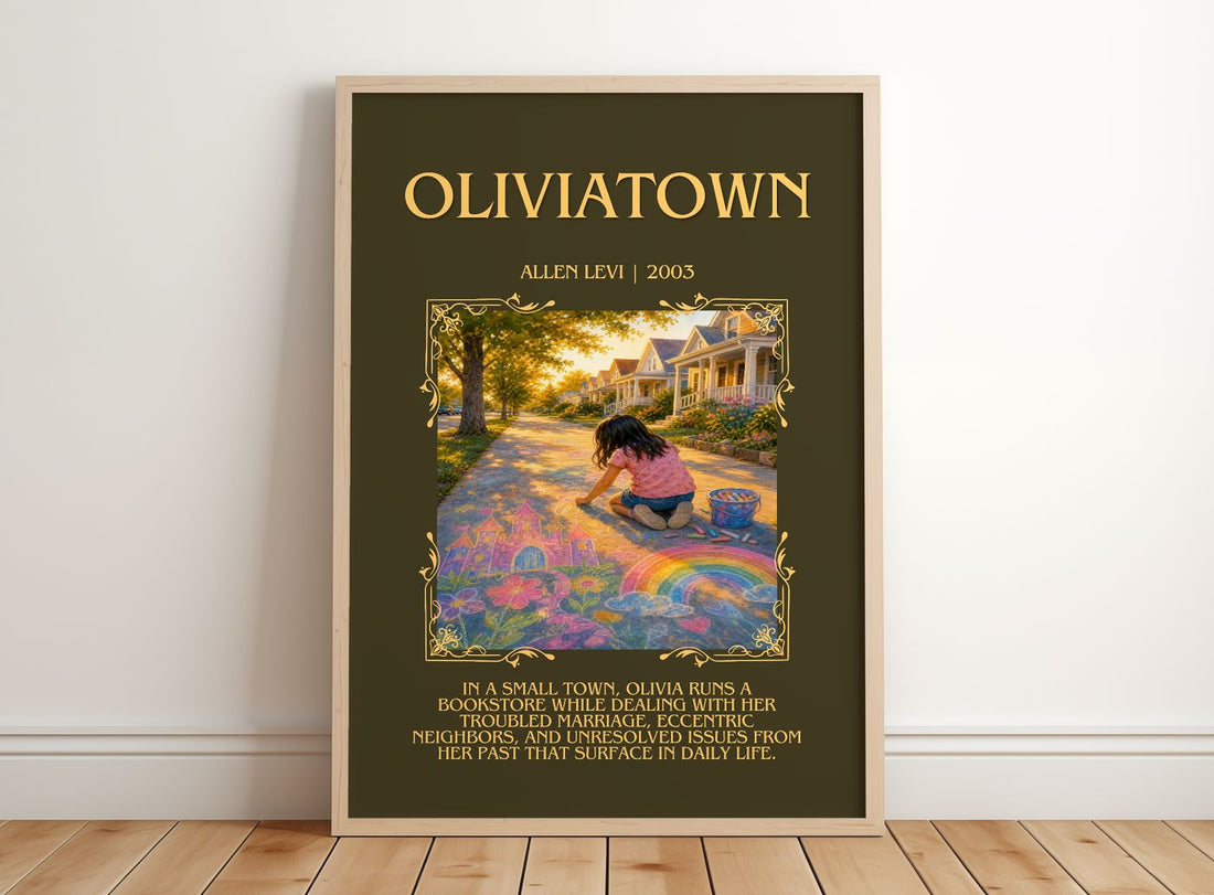 Oliviatown Minimalist Book Poster by Allen Levi – framed print leaning on a wooden floor
