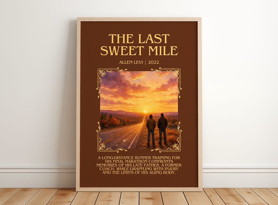 The Last Sweet Mile Minimalist Book Poster by Allen Levi – framed print leaning on a wooden floor