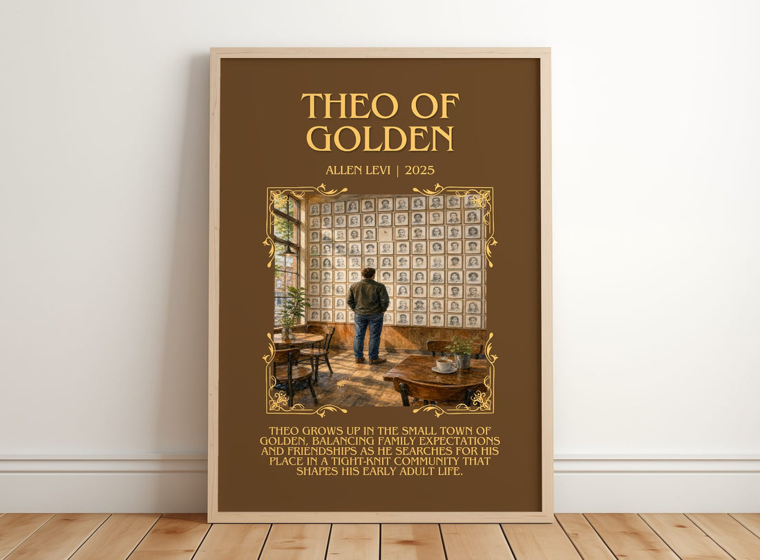Theo of Golden Minimalist Book Poster by Allen Levi – framed print leaning on a wooden floor