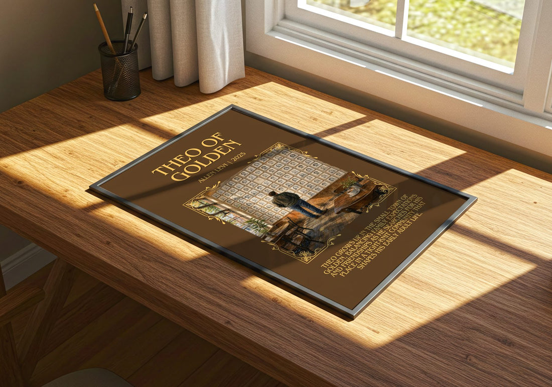 Theo of Golden Minimalist Book Poster by Allen Levi – print on a sunlit desk