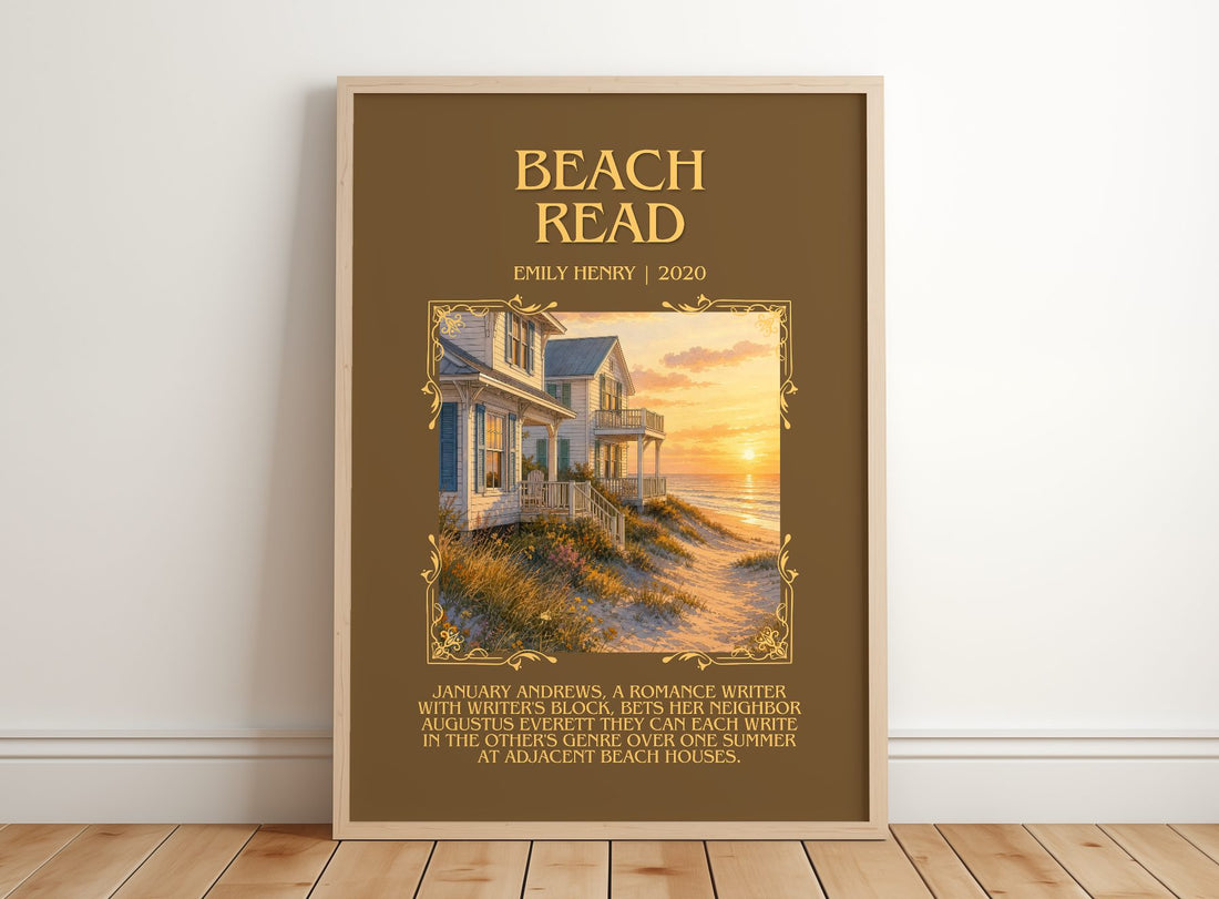 Beach Read Minimalist Book Poster by Emily Henry – framed print leaning on a wooden floor