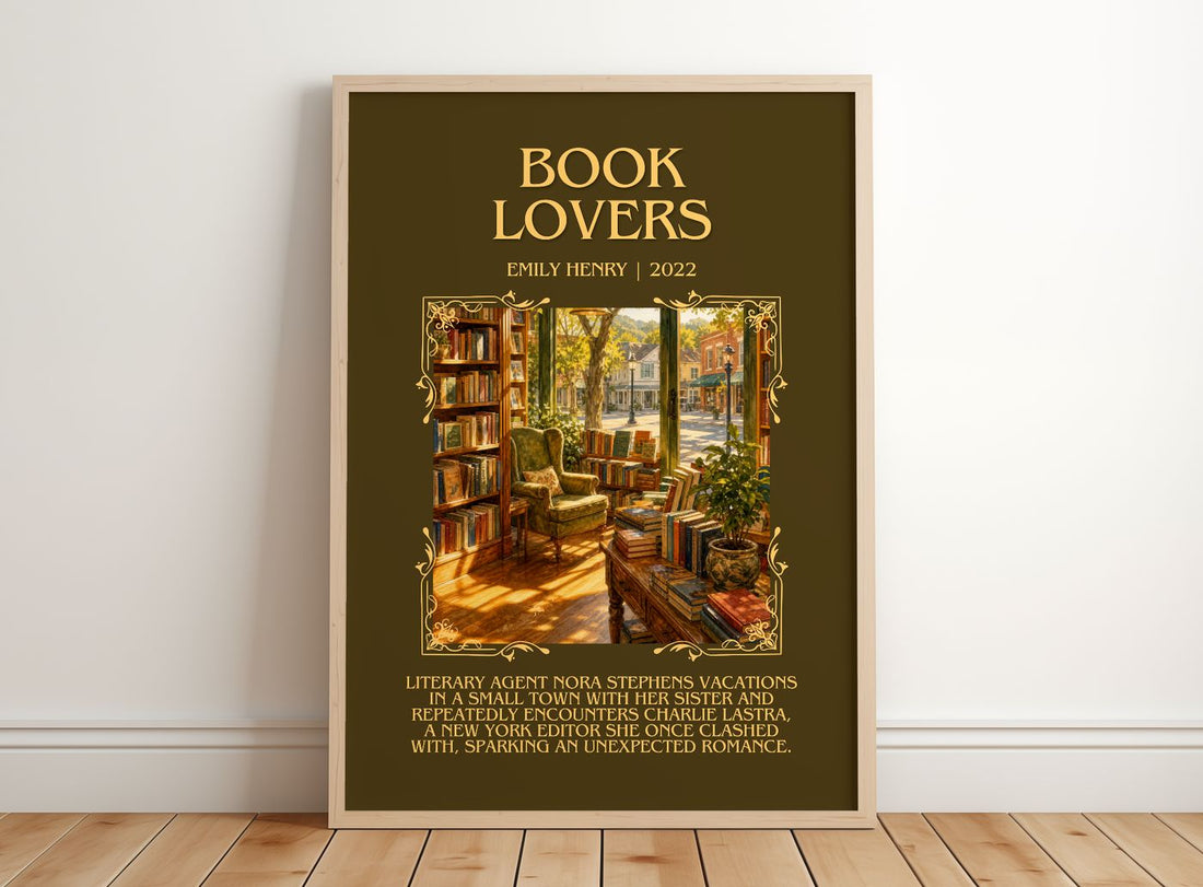 Book Lovers Minimalist Book Poster by Emily Henry – framed print leaning on a wooden floor