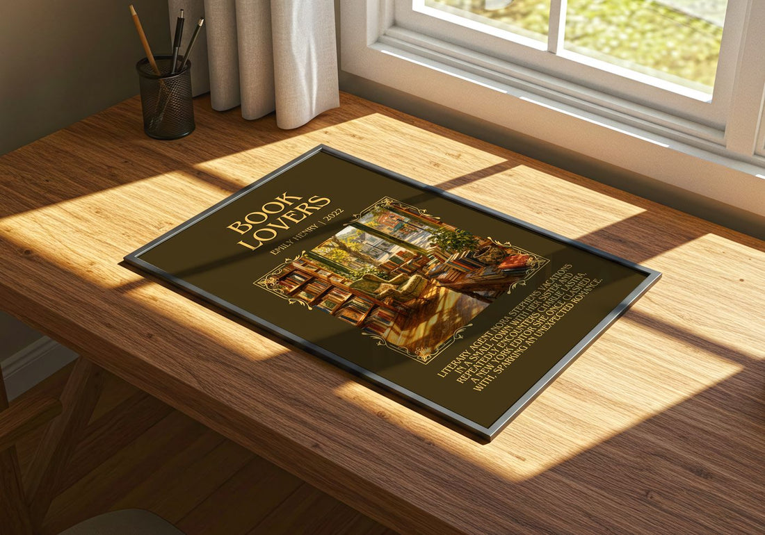 Book Lovers Minimalist Book Poster by Emily Henry – print on a sunlit desk