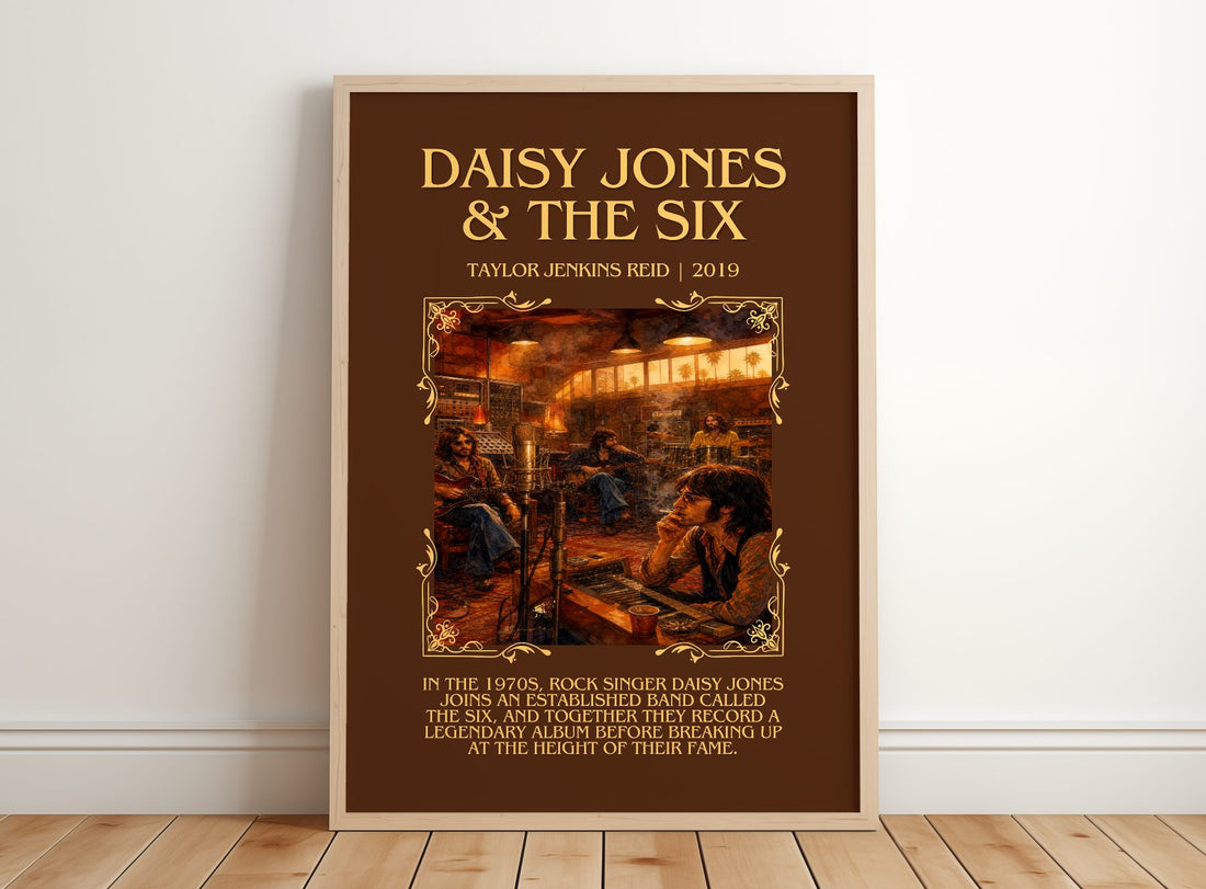 Daisy Jones & The Six Minimalist Book Poster by Taylor Jenkins Reid – framed print leaning on a wooden floor