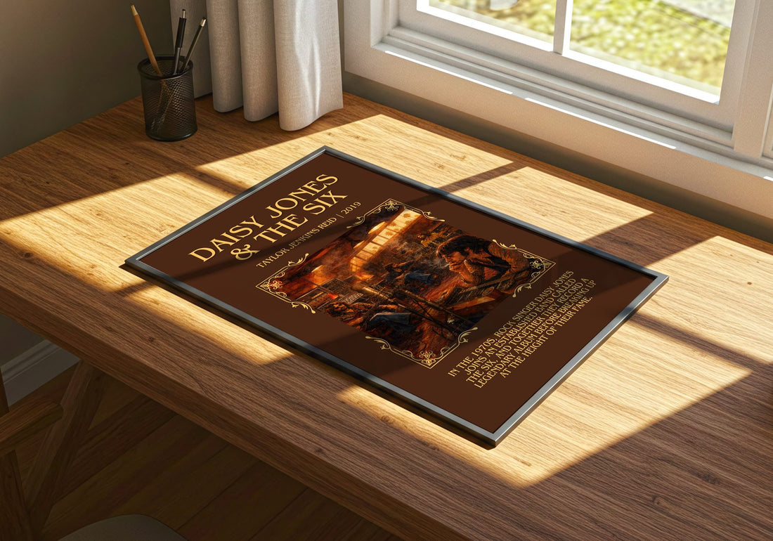 Daisy Jones & The Six Minimalist Book Poster by Taylor Jenkins Reid – print on a sunlit desk